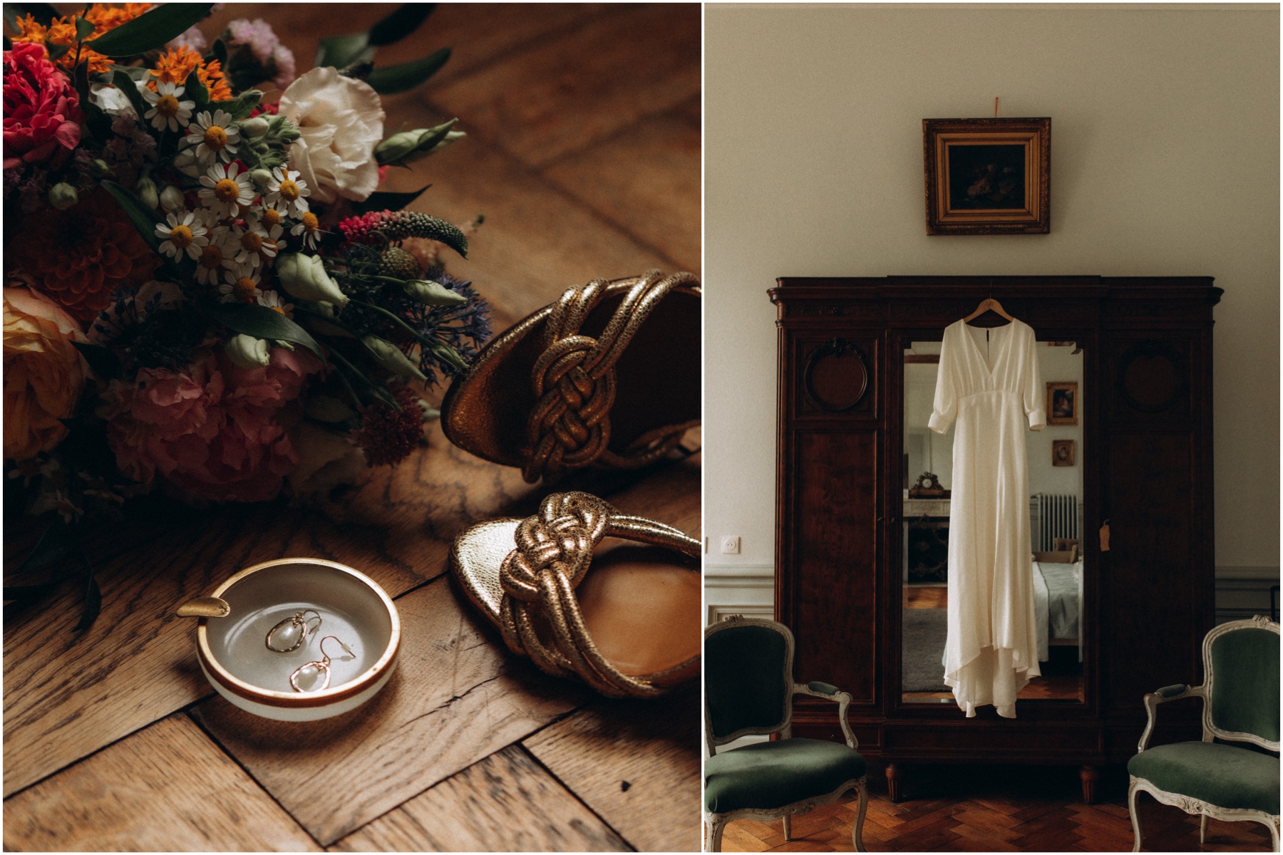 Robe de mariée Atelier Blanche suspendue à une armoire, bouquet de fleurs par Le Tournant Fleuri