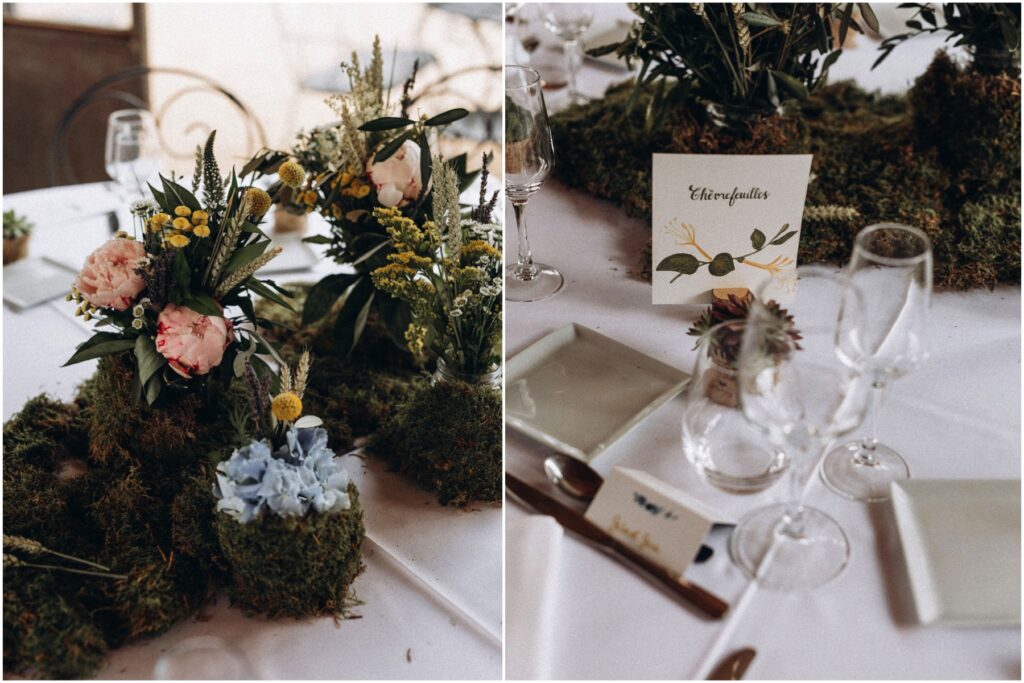 Décoration de table de mariage avec de la mousse et des petites fleurs sauvages par Lily et Confettis.