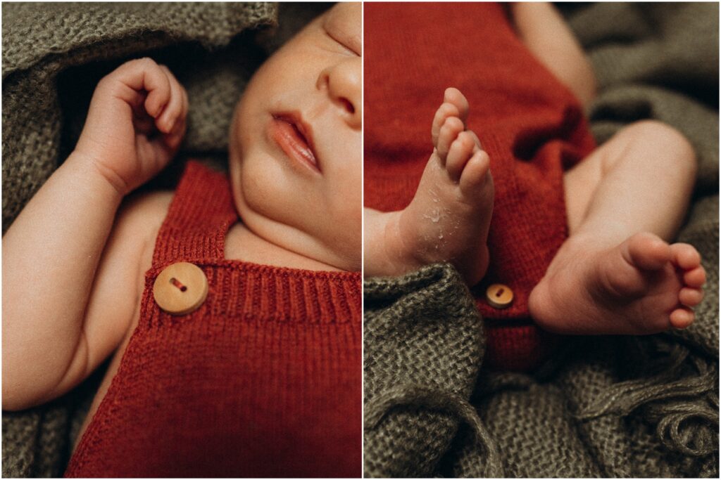 Détails de mains, bouche et pieds de nourrisson lors d'une séance photo avec grain de clic photographie.