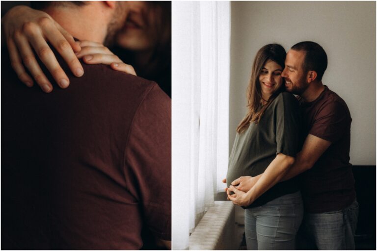 Couple devant la fenêtre s'enlaçant.