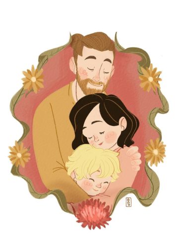 Dessin d'une famille de trois personnes sur fond orange.